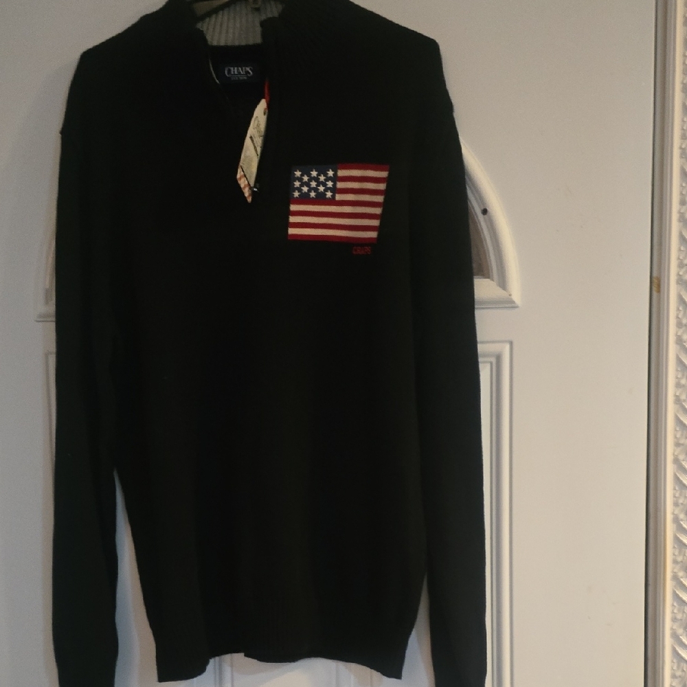 Chaps Men's Black Zip-Up Sweater with American Flag Patch